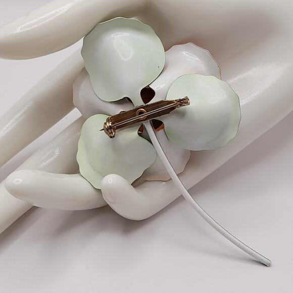 Vintage 1960s Orange Green White Enamel Flower Brooch with Stem, 4 Inches - Picture 4 of 9